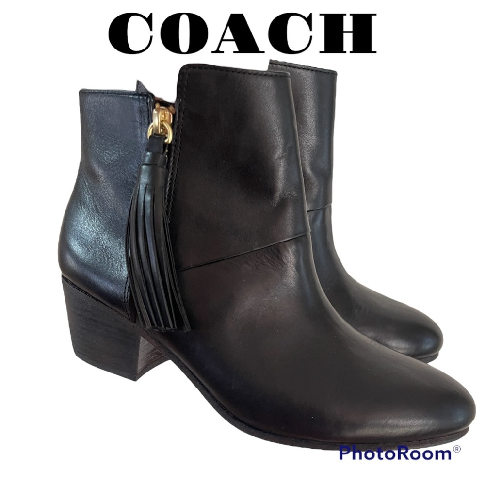 COACH Priscilla Black Leather Tassel Ankle Booties